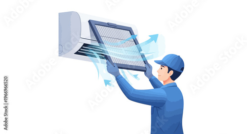 An air conditioning technician in blue uniform and cap repairing an air conditioner unit with blue arrows indicating airflow on a clean white background, conveying a sense of maintenance