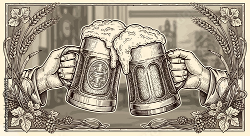Vintage Beer Toast: Hands Clinking Mugs with Foam, Wheat, and Hops Border