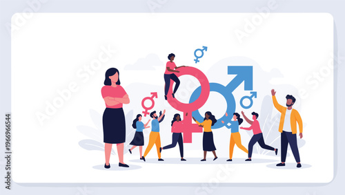 Diverse group of people celebrating gender equality and diversity, standing around large male and female symbols, with a confident woman leading, representing feminism and inclusivity.
