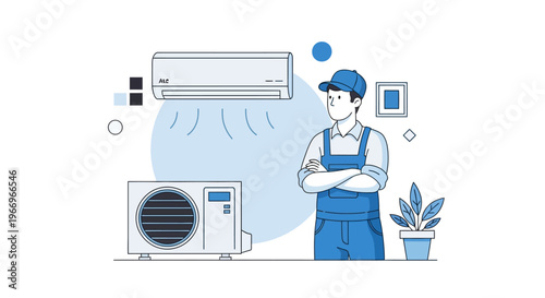 An air conditioning technician in blue uniform stands confidently with arms crossed next to an air conditioner unit and a potted plant on a clean background with a thoughtful expression.