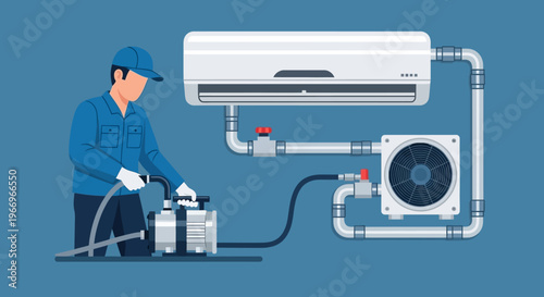 An air conditioning technician in blue uniform servicing an air conditioner unit with various tools and equipment against a blue background, performing maintenance and repair work.