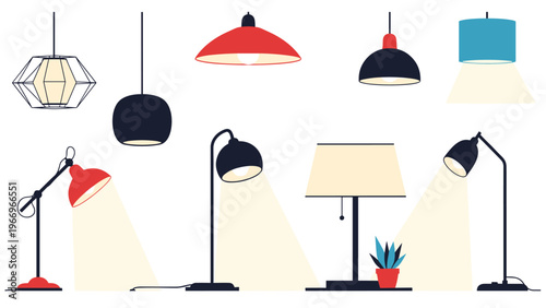 Comprehensive collection of various lamps and lighting fixtures, including pendant lights, table lamps, and floor lamps, casting warm light, suitable for interior design and home decor.