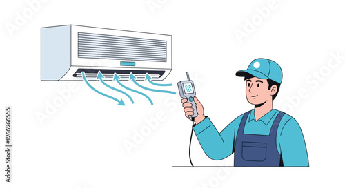 An air conditioning technician in a blue uniform uses a service tool to inspect an air conditioner unit with arrows indicating airflow, against a clean white background.
