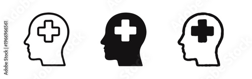 Mental health and psychology icon set. Human head profile with medical cross, representing well-being and therapy.