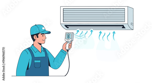 An air conditioning technician in a blue uniform checks an air conditioner unit with a diagnostic tool, performing maintenance and repair service on a clean white background, with a focus