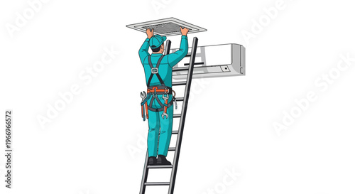 An air conditioning technician in a teal uniform and harness climbing a ladder to perform maintenance and repair on an air conditioner unit against a clean background.