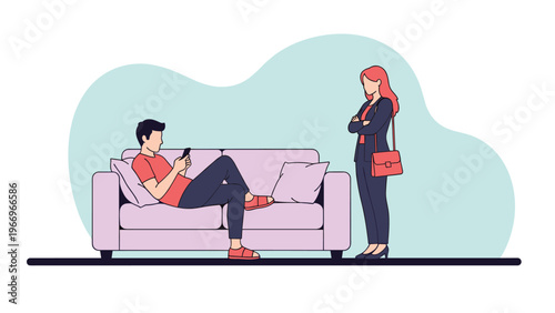 Woman stands with crossed arms, looking displeased as a man lies on a sofa, engrossed in his mobile phone, symbolizing relationship issues, neglect, and digital addiction.