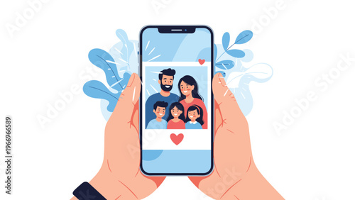 Hands lovingly hold a smartphone displaying a cherished family photo, symbolizing connection, love, and memories captured through digital photography and social media.