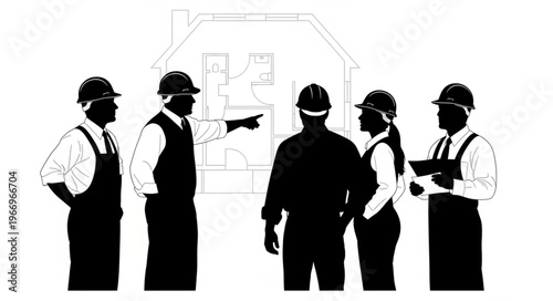 Construction team collaborating on blueprints for a new building project.