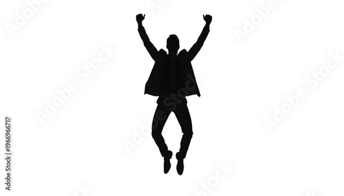 Jumping businessman silhouette expresses pure elation with both arms raised high above his head outdoors.