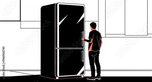 Man Opening a Modern Black Refrigerator in a Kitchen.