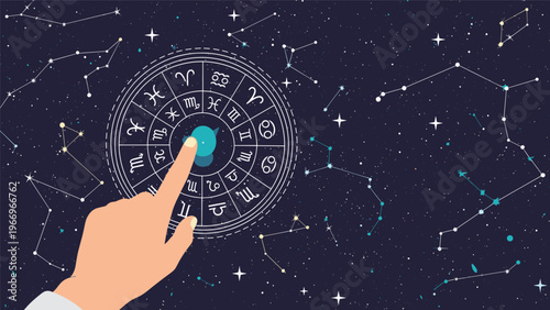 Hand points to a central astrological zodiac wheel surrounded by constellations on a dark starry sky, symbolizing horoscope, destiny, and cosmic guidance.