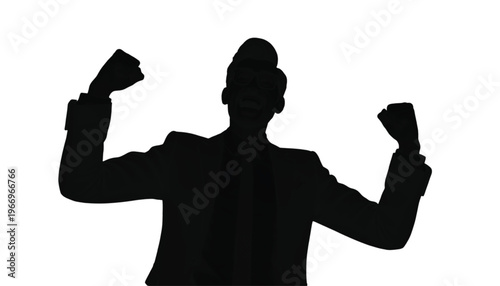 Silhouette of a triumphant professional flexing strong biceps against a bright white background symbolizes.