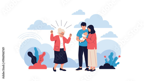 Joyful grandmother expresses excitement upon meeting her new grandchild, as the happy parents proudly present their infant, symbolizing family generations and new life.