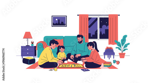 Happy family spends quality time together playing a board game on the living room floor at night, symbolizing home entertainment, bonding, and joyful family moments.