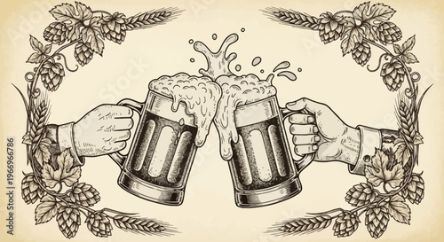 Vintage Beer Toasting Mugs with Hops and Wheat Frame