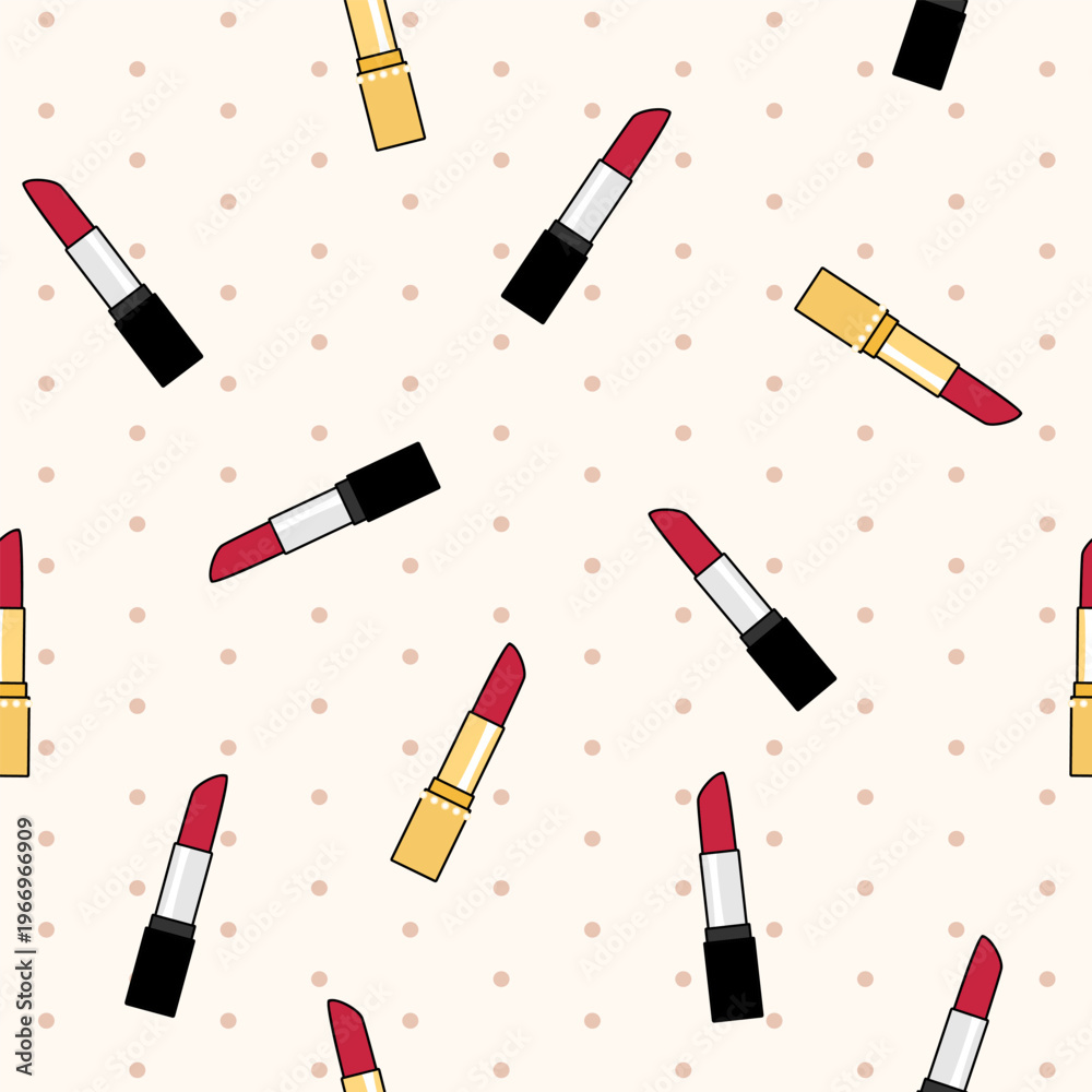 Obraz premium Vector pattern with multicolor lipsticks scattered on light background.