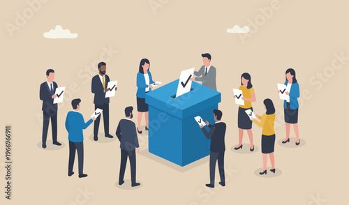 Voting, poll or employee feedback questionnaire, politic choice, opinion or democracy, election customer survey, referendum concept, diverse voting paper checkmark putting in vote box