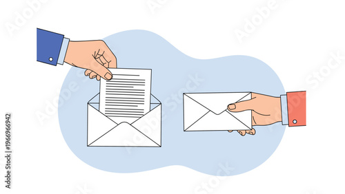 Set of hands sending and receiving paper letters in envelopes, symbolizing communication, mail delivery, important messages, and traditional correspondence.