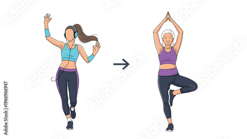 Visual representation of a woman's fitness journey, transitioning from an active young runner with headphones to a flexible elderly woman practicing yoga, symbolizing lifelong wellness.