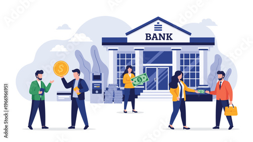Diverse people engage in various banking transactions outside a grand bank building, including money exchange, deposits, and withdrawals, symbolizing financial services and accessibility.