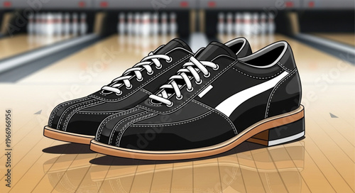 Pair of Black Bowling Shoes on Wooden Lane.