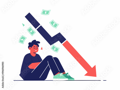 A person sits dejected as a graph shows a sharp financial downturn