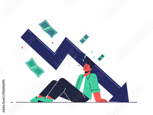 A man sits dejected under a large downward trending financial chart
