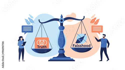 Symbolic illustration of a large balance scale weighing "Truth" against "Falsehood," with small figures deliberating the ethical implications of decisions.