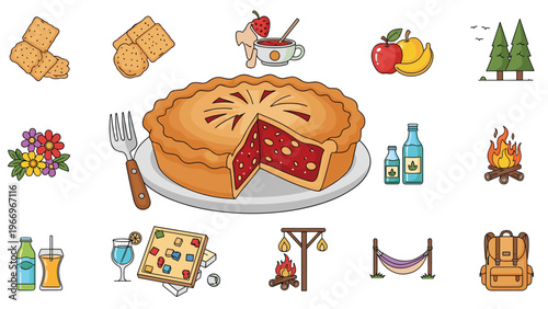 Diverse collection of picnic essentials including a berry pie, crackers, fresh fruit, flowers, drinks, a campfire, and outdoor gear for a summer outing.