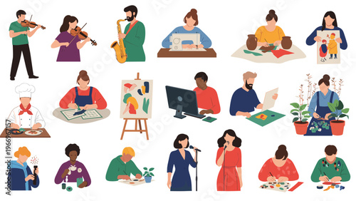 Diverse collection of individuals enjoying various hobbies and creative pursuits such as playing musical instruments, crafting, painting, and gardening.