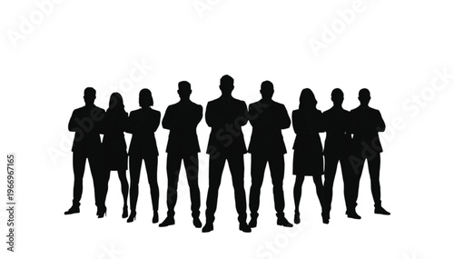 A team of nine business people in suits forms a confident line facing forward as black silhouettes.