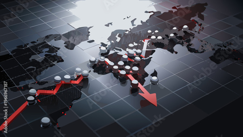 Global economic downturn visualized with a map and declining graph arrows