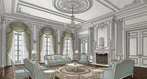 Elegant Drawing Room Interior Design Sketch with Ornate Details.