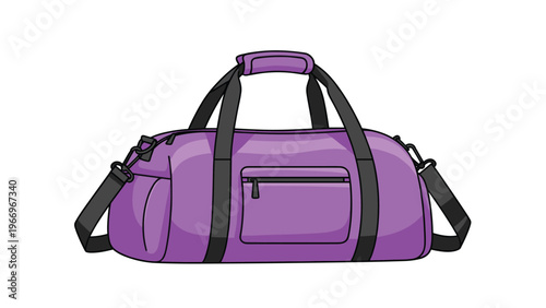 Detailed illustration of a vibrant purple duffel bag with a practical shoulder strap and multiple zipper pockets, suitable for travel or sports.