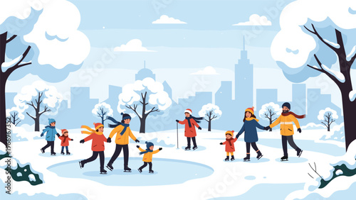 Lively scene of families and individuals happily ice skating on a frozen pond in a beautiful snowy park, with a city skyline in the background.