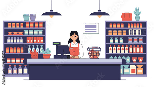 Friendly female cashier smiling behind the checkout counter in a well-stocked supermarket, ready to assist customers with their purchases.