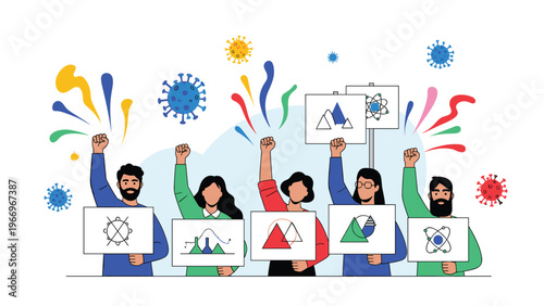 Diverse group of individuals raising their fists and holding signs with scientific symbols, advocating for science amidst colorful abstract elements and coronavirus particles.