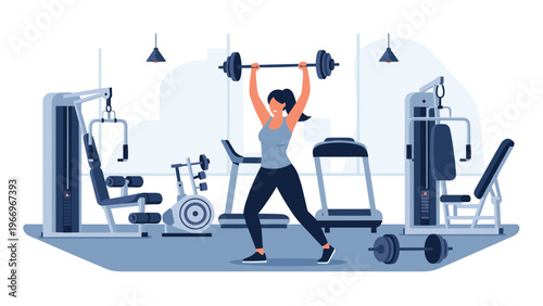 Strong woman demonstrating a powerful overhead barbell lift in a modern gymnasium, surrounded by diverse fitness machines, showcasing her dedication to training.