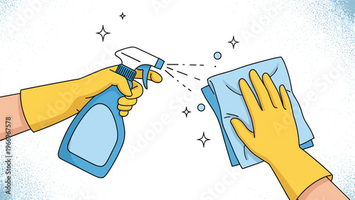 Hands wearing yellow protective gloves spraying cleaning solution onto a surface and wiping it meticulously with a blue cloth, depicting thorough hygiene.