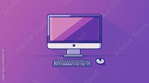Desktop Computer Setup Flat Design. Modern Monitor, Keyboard, and Mouse with Long Shadows on Gradient Purple Background.