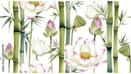 Watercolor Bamboo Lotus Flower Seamless Pattern Background Design