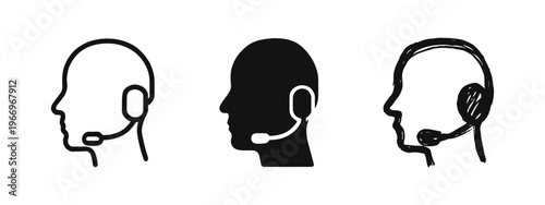Call center agent or customer support icon set. Person with headset in outline, solid, and hand-drawn doodle style.
