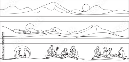 Meditation and nature scenes depicting tranquility and group reflection