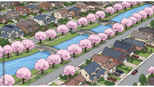 Suburban Neighborhood with Canal & Cherry Blossoms: Real Estate & Community Lifestyle Illustration