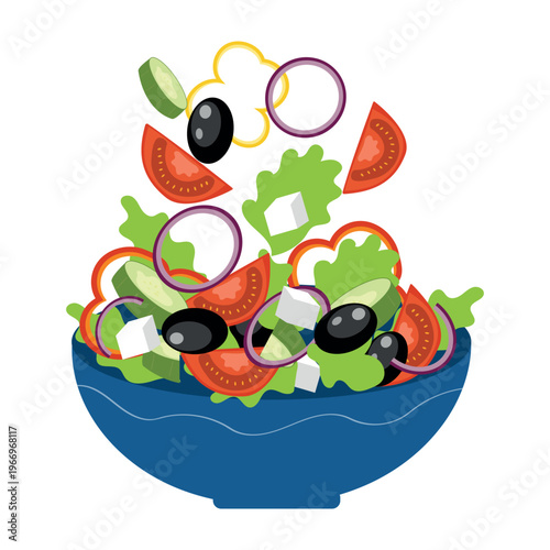 Greek salad vector illustration with fresh vegetables, olives, feta cheese and herbs in a bowl.