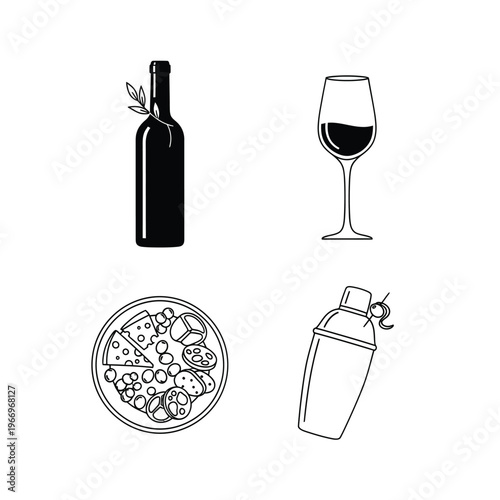 Illustrated icons of wine bottle, wine glass, charcuterie, and cocktail shaker