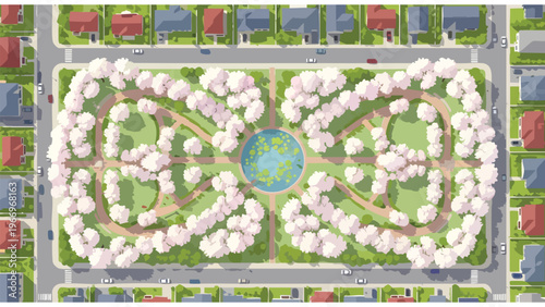 Suburban Neighborhood Aerial View with Blooming Cherry Blossom Park