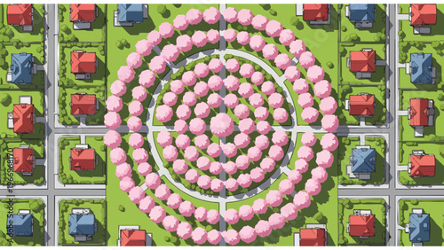 Aerial View: Suburban Neighborhood with Circular Park and Houses | Real Estate Development