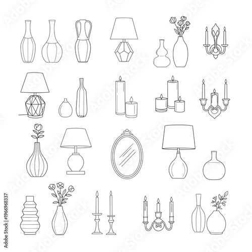 Diverse collection of elegant home decor and lighting elements in minimalist sketches